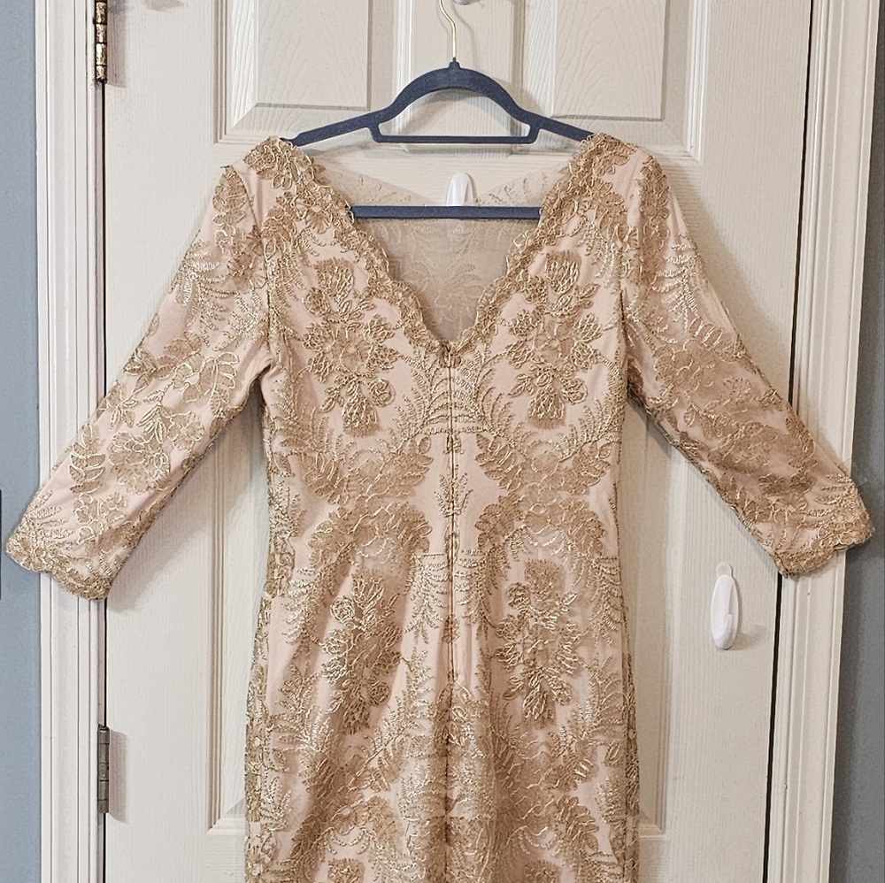 Tadashi Shoji Zuri Gold Embroidered Lace Dress Formal Mother of The Bride - Picture 11 of 16